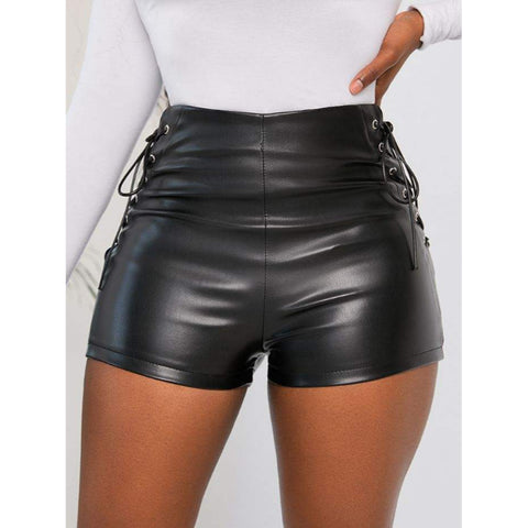 Women’s Black Leather Lace-Up Hollow Out Shorts – High Waist Bandage Skinny Fit Trendy Streetwear Clubwear Sexy Fashion