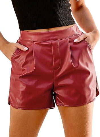 luvamia faux leather shorts for women high waisted pleated pull on pleather shorts with side slit elastic waist trendy pockets stylish