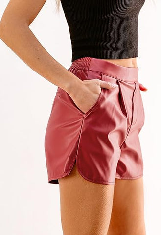 luvamia faux leather shorts for women high waisted pleated pull on pleather shorts with side slit elastic waist trendy pockets stylish