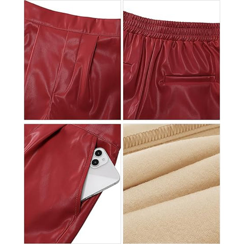 Women’s Leather Shorts High Waisted Pull On Pleather Shorts with Pleated Detail Side Slit and Pockets