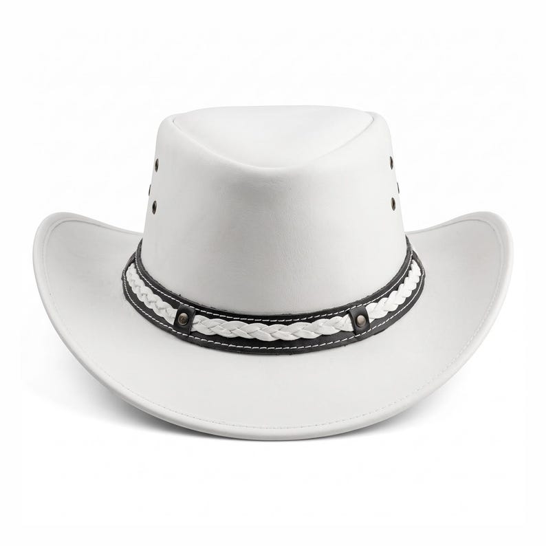White Genuine Leather Cowboy Hat | Braided Western Band & Chin Strap