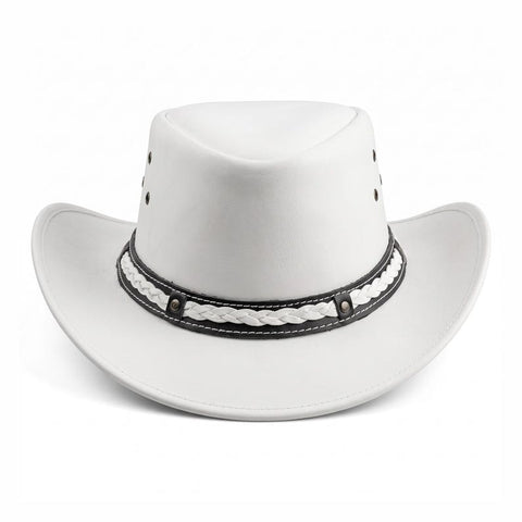 White Genuine Leather Cowboy Hat | Braided Western Band & Chin Strap