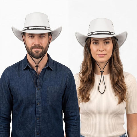 White Genuine Leather Cowboy Hat | Braided Western Band & Chin Strap
