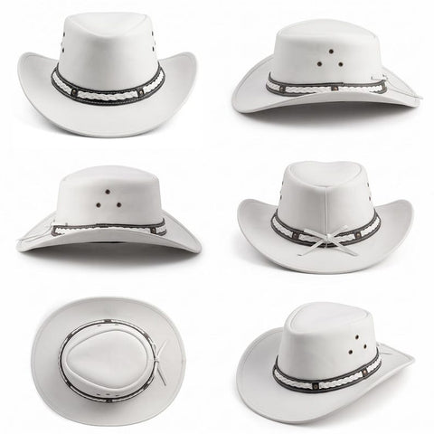 White Genuine Leather Cowboy Hat | Braided Western Band & Chin Strap