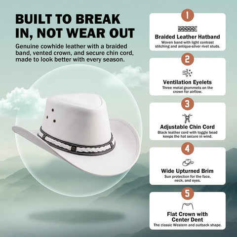 White Genuine Leather Cowboy Hat | Braided Western Band & Chin Strap