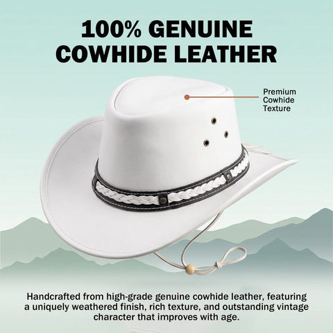 White Genuine Leather Cowboy Hat | Braided Western Band & Chin Strap
