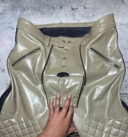 Men's Real Cowhide Leather Quilted Biker Pants | Open Front Bold Clubwear | Unique Fetish Style Trousers, Gift For Any Special Person
