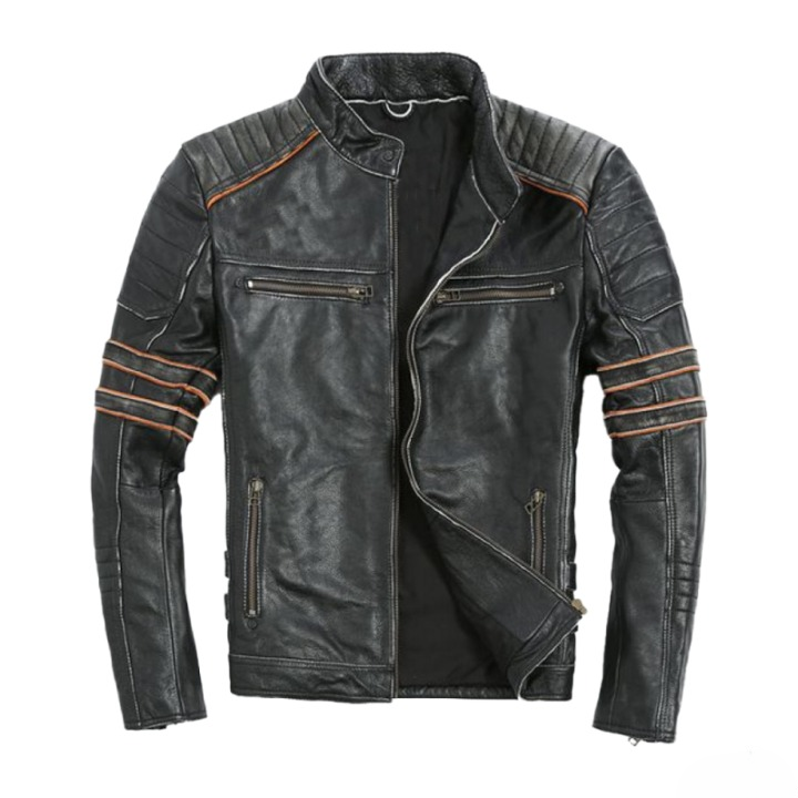 mens black cafe racer leather jacket with orange stripes vintage motorcycle coat biker riding gear retro moto leather jacket