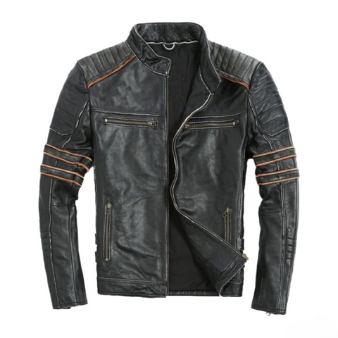 mens black cafe racer leather jacket with orange stripes vintage motorcycle coat biker riding gear retro moto leather jacket