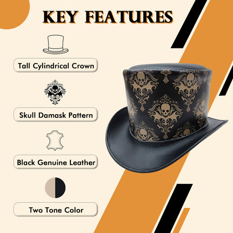 Leather Skull Engraved Top Hat, Steampunk Gothic Hat