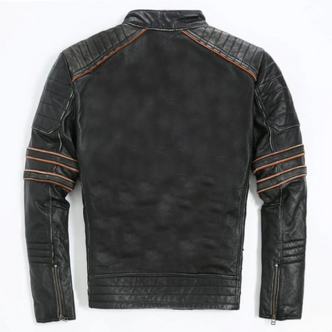 mens black cafe racer leather jacket with orange stripes vintage motorcycle coat biker riding gear retro moto leather jacket