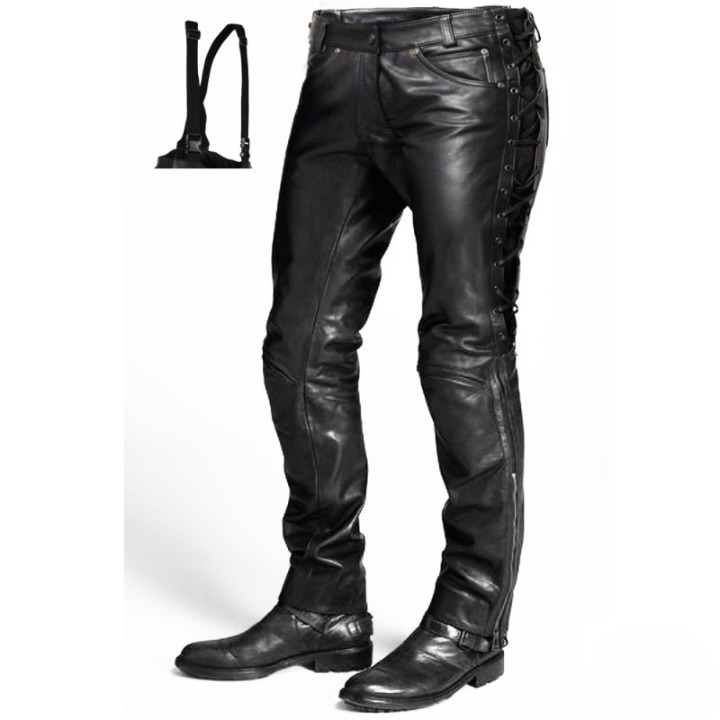 Men’s Black Leather Motorcycle Pants with Side Laces and Suspenders – Classic Biker Style