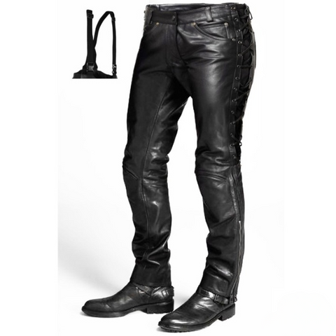 Men’s Black Leather Motorcycle Pants with Side Laces and Suspenders – Classic Biker Style