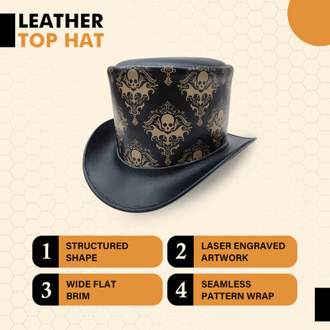 Leather Skull Engraved Top Hat, Steampunk Gothic Hat