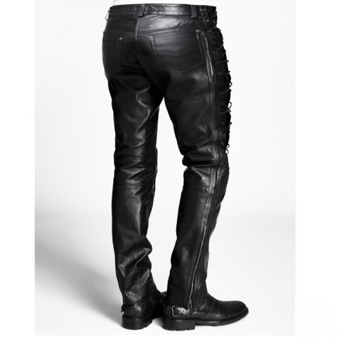 Men’s Black Leather Motorcycle Pants with Side Laces and Suspenders – Classic Biker Style
