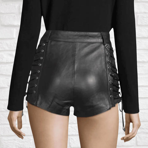 Black Leather Lace-Up Shorts for Women – High-Waisted Genuine Leather Hot Pants with Side Lacing, Edgy Festival & Streetwear Look