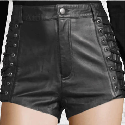 Black Leather Lace-Up Shorts for Women – High-Waisted Genuine Leather Hot Pants with Side Lacing, Edgy Festival & Streetwear Look