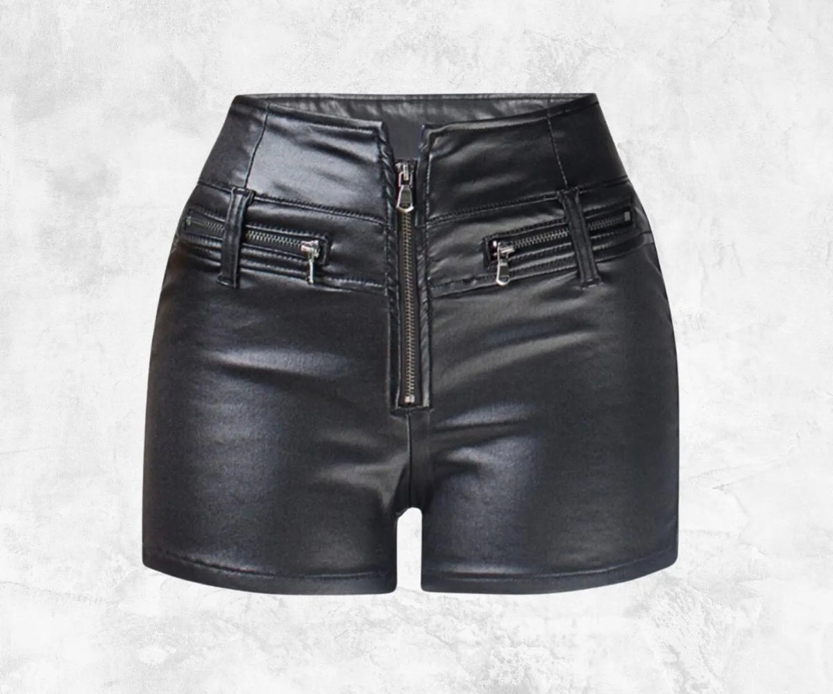 Handmade Black Leather Shorts - Slim Fit, Genuine Leather, Zip Closure, Stylish & Durable for Streetwear or Casual Outfits