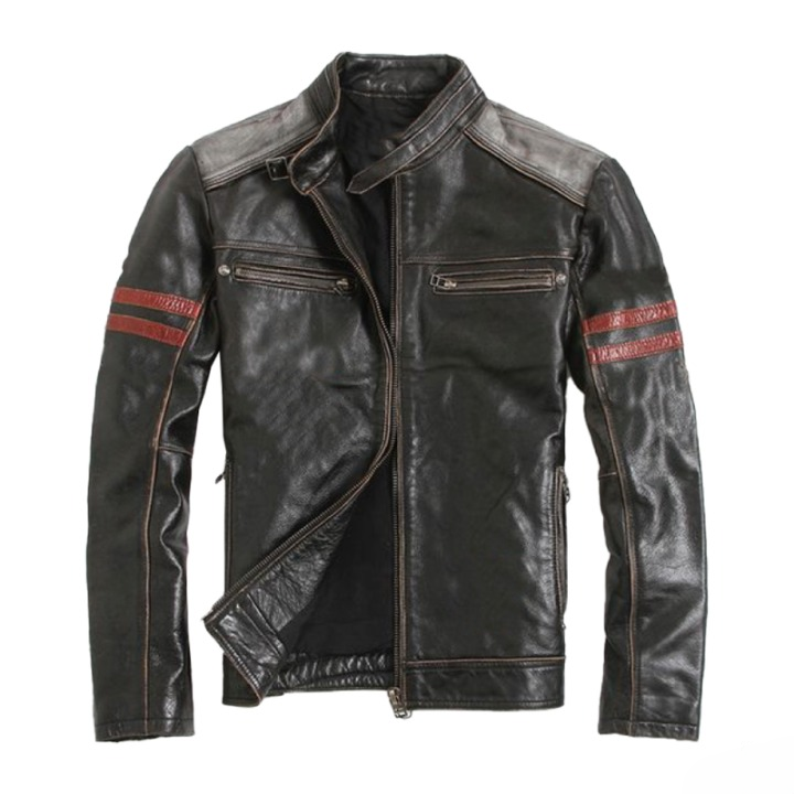 mens black leather cafe racer jacket with red racing stripes biker moto jacket slim fit motorcycle coat retro streetwear