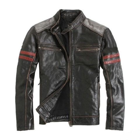 mens black leather cafe racer jacket with red racing stripes biker moto jacket slim fit motorcycle coat retro streetwear