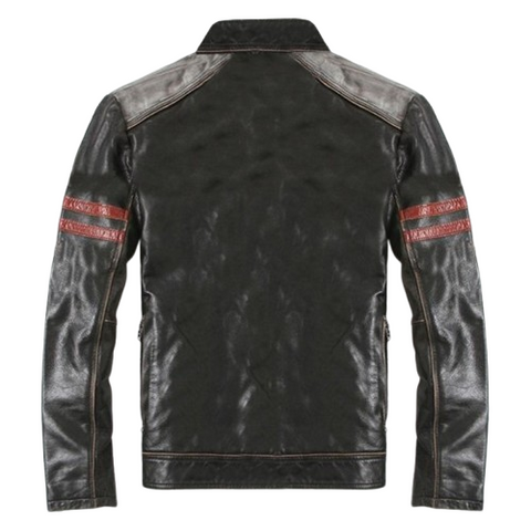 mens black leather cafe racer jacket with red racing stripes biker moto jacket slim fit motorcycle coat retro streetwear