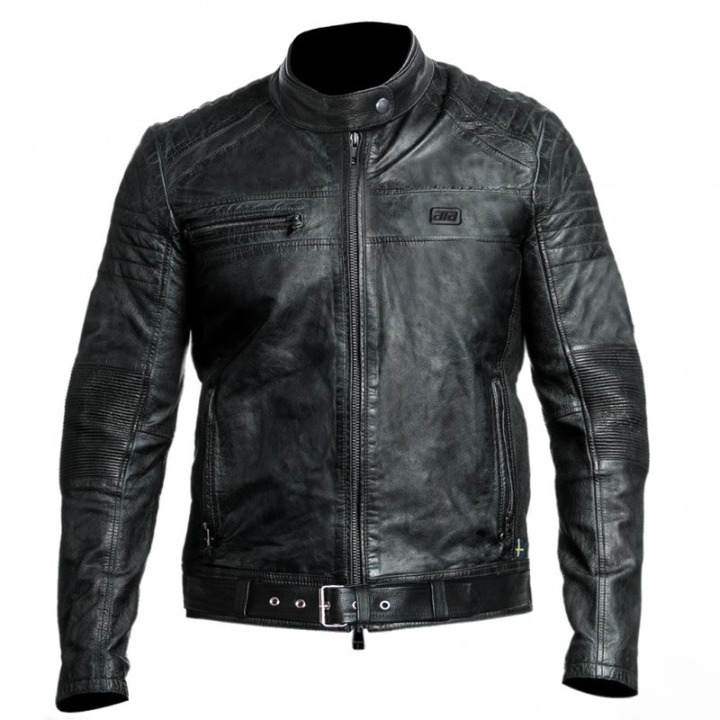 mens black leather biker jacket with padded shoulders ribbed sleeves and belted waist motorcycle riding jacket vintage motor coat