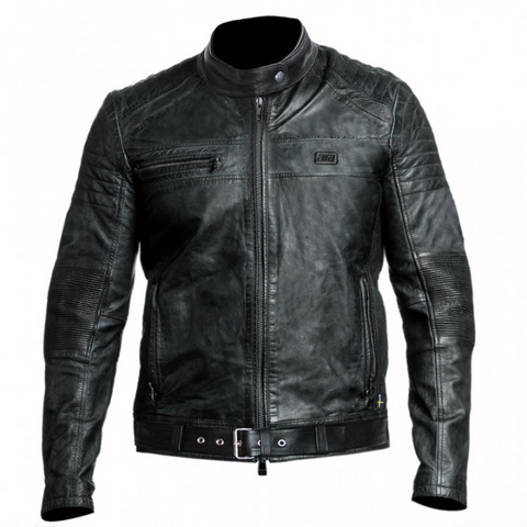 mens black leather biker jacket with padded shoulders ribbed sleeves and belted waist motorcycle riding jacket vintage motor coat