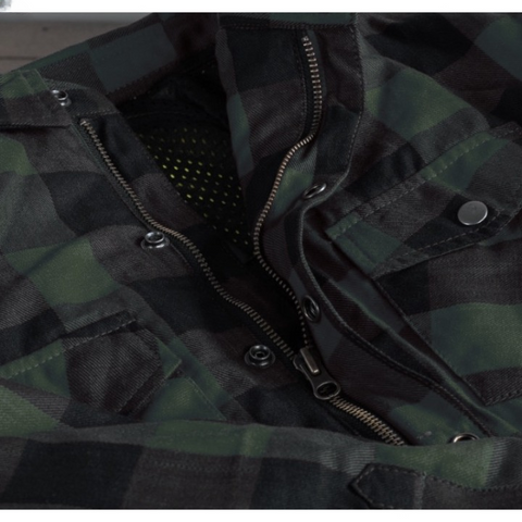 Premium Army Green & Black Flannel MC Kevlar Riding Shirt – Protective Biker Style