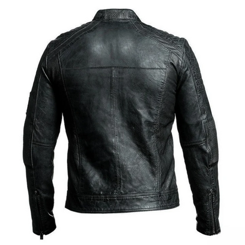 Men's black leather biker jacket with padded shoulders ribbed sleeves and belted waist motorcycle riding jacket vintage motor coat
