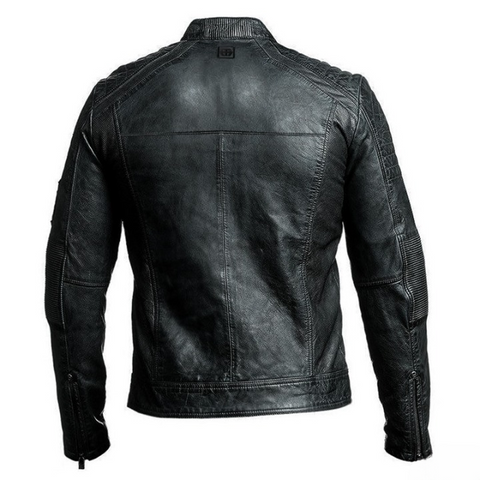 mens black leather biker jacket with padded shoulders ribbed sleeves and belted waist motorcycle riding jacket vintage motor coat