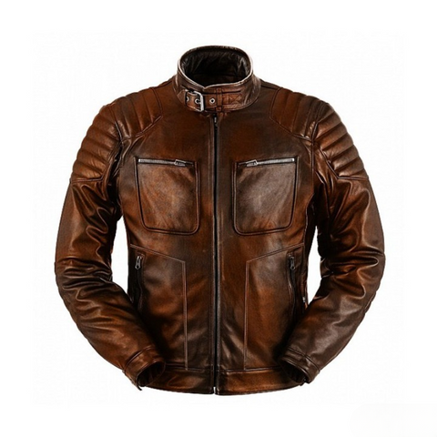 mens brown leather cafe racer jacket with padded shoulders and four front zippered pockets vintage motorcycle riding jacket slim fit
