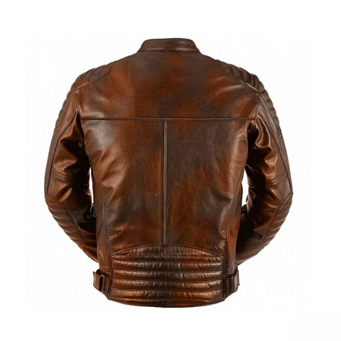 Men's brown leather cafe racer jacket with padded shoulders and four front zippered pockets vintage motorcycle riding jacket slim fit