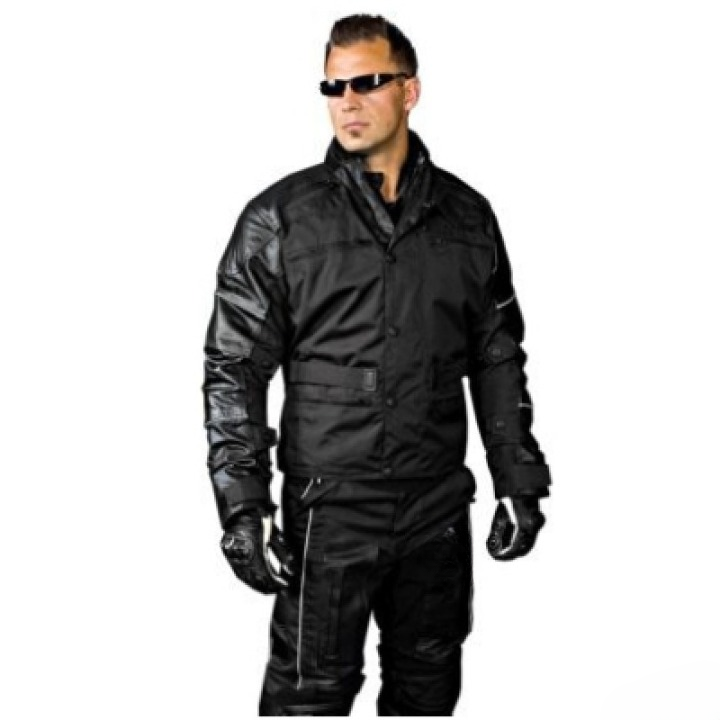 mens black textile motorcycle jacket with leather reinforced sleeves touring riding suit protective biker gear armored waterproof