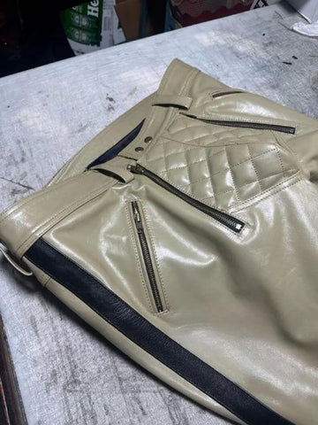 Men's Real Cowhide Leather Quilted Biker Pants | Open Front Bold Clubwear | Unique Fetish Style Trousers, Gift For Any Special Person