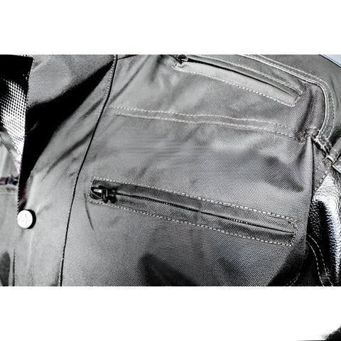 Men's black textile motorcycle jacket with leather reinforced sleeves touring riding suit protective biker gear armored waterproof