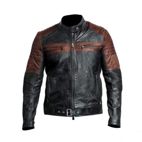 mens black and brown leather motorcycle jacket cafe racer retro biker gear vintage riding jacket protective classic motorbike style