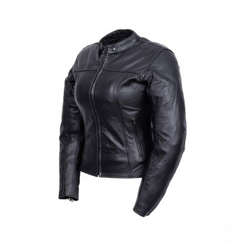womens black leather motorcycle jacket slim fit biker gear cafe racer ladies riding jacket protective stylish motorbike apparel