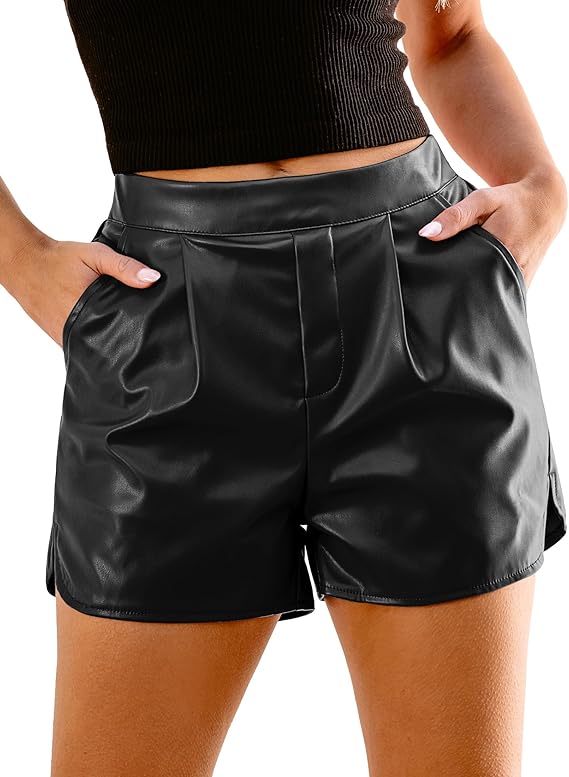luvamia Faux Leather Shorts for Women – High Waisted, Pull-On Style with Pleats, Side Slits, Pockets & Elastic Waist for Comfort