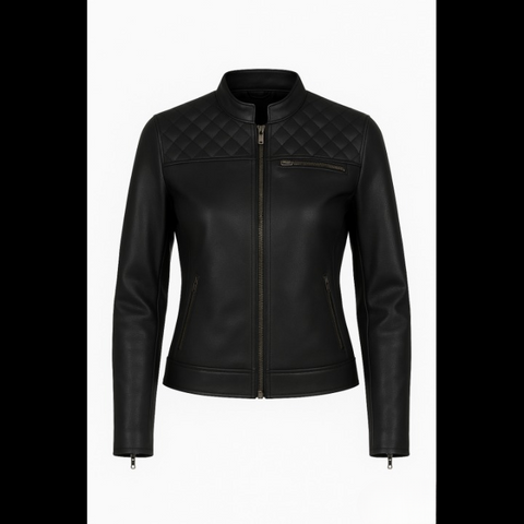 womens black leather motorcycle jacket quilted shoulders slim fit biker gear cafe racer ladies riding jacket stylish protective wear