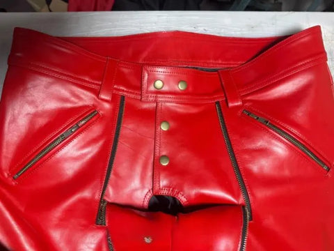 Men's Real Cowhide Leather Quilted Biker Red Pant | Open Front Bold Clubwear | Unique Fetish Style Trouser