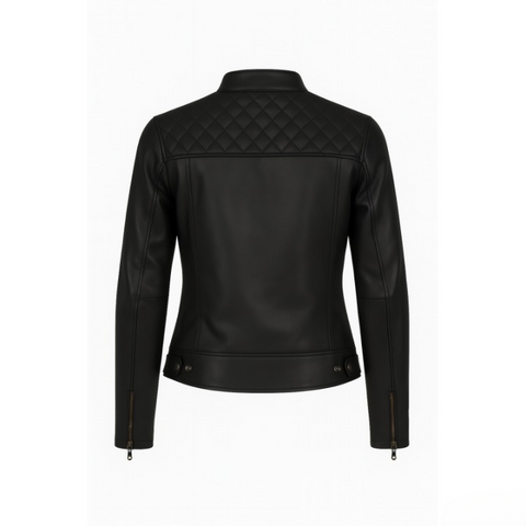 womens black leather motorcycle jacket quilted shoulders slim fit biker gear cafe racer ladies riding jacket stylish protective wear