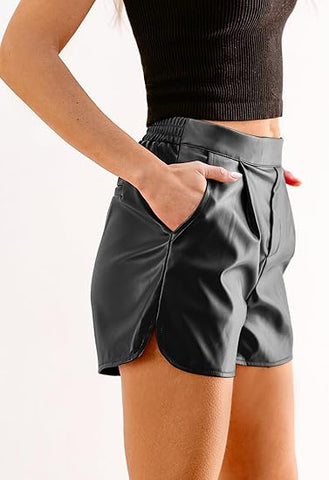 luvamia Faux Leather Shorts for Women – High Waisted, Pull-On Style with Pleats, Side Slits, Pockets & Elastic Waist for Comfort