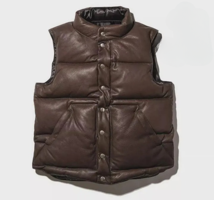 Men's Cowhide  Leather Puffer Motorcycle Vest Casual Fashion Waistcoat