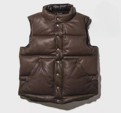 Men's Cowhide  Leather Puffer Motorcycle Vest Casual Fashion Waistcoat