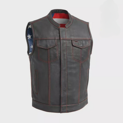 Men's Black Cowhide Leather Vest Clubwear Motorcycle Vest USA Flag Inner Biker Waistcoat
