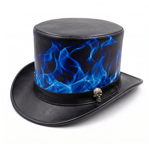 Handmade Black Leather Top Hat, Blue Flame Skull Steampunk Biker Headwear