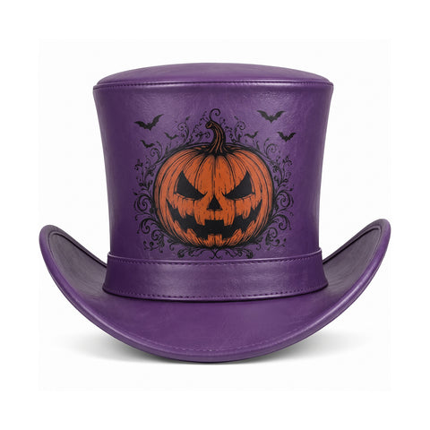 Purple Halloween Leather Top Hat | Spooky Pumpkin & Bats Costume Hat