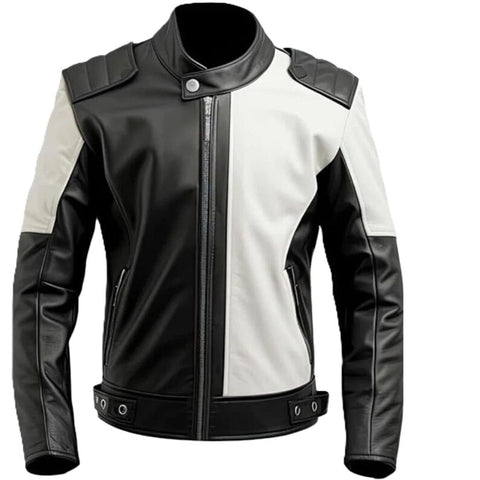 Men’s Black & White Leather Racer Jacket – Genuine Lambskin Biker Style