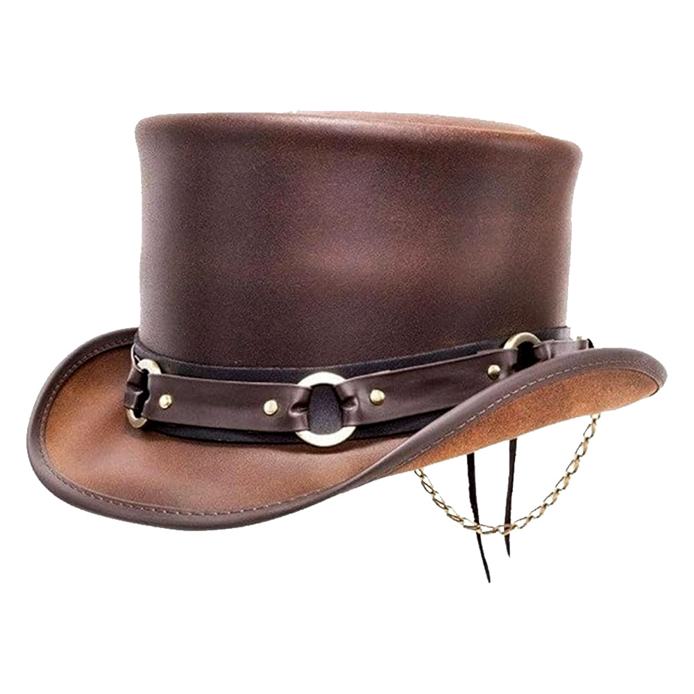 Handcrafted Steampunk Genuine Leather Brown Top Hat, Gothic Western Cosplay Costume Hat