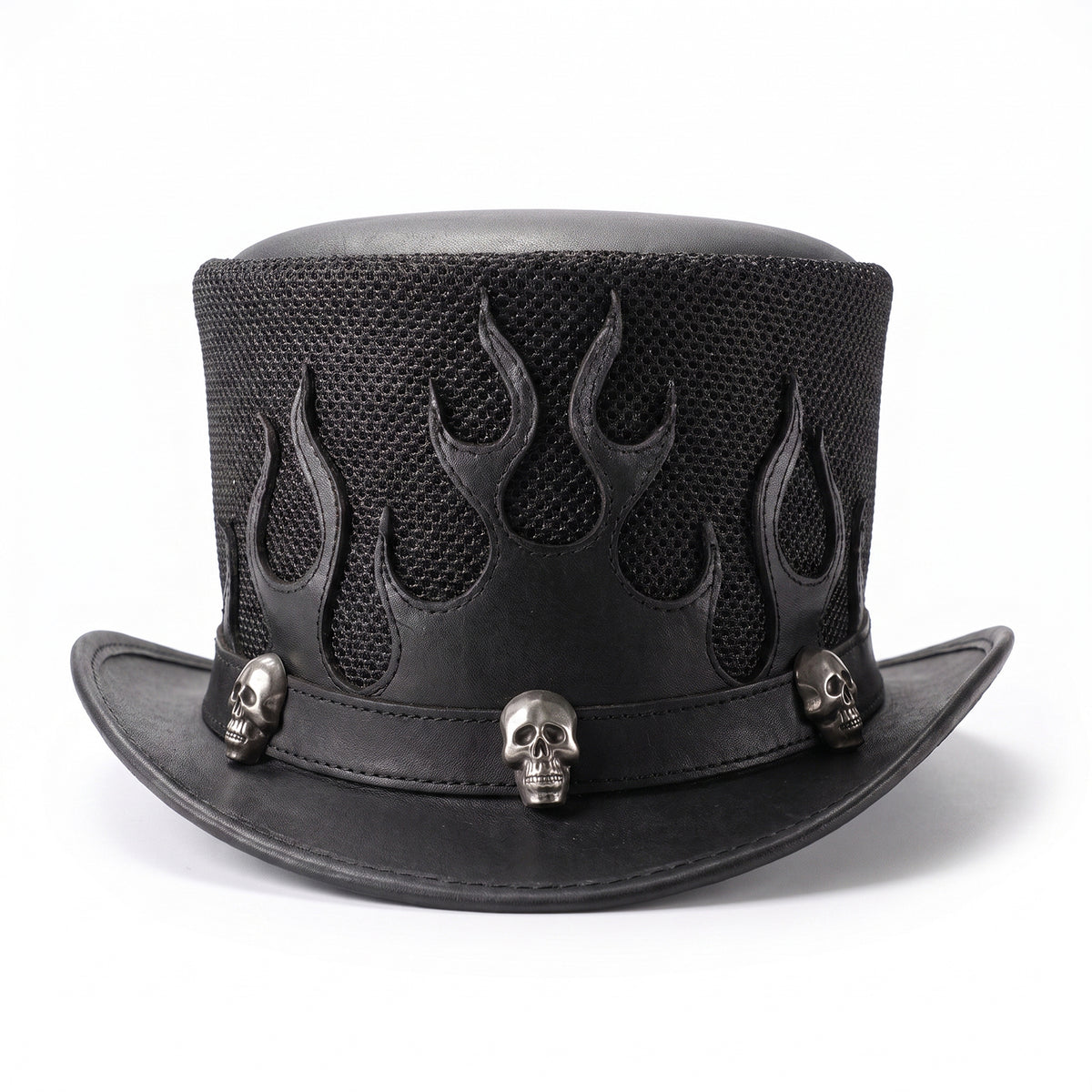 Biker Flame Leather Top Hat Fire Cutouts, Breathable Mesh Crown & Silver Skull Studs